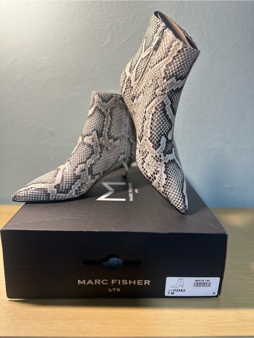 Marc Fisher Snake-Print Pointed Toe Ankle Boots in White and Black